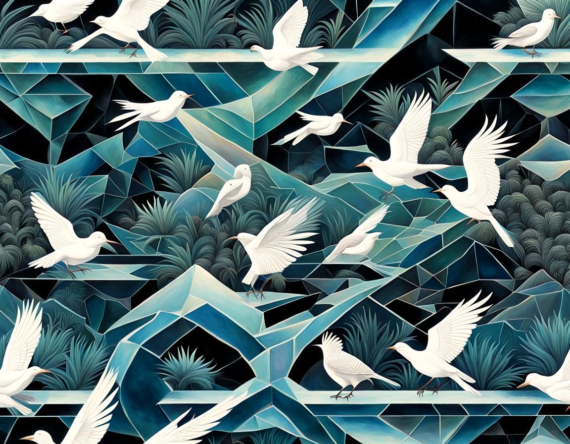 Iridescent Birds on Impossible Escher Geometry