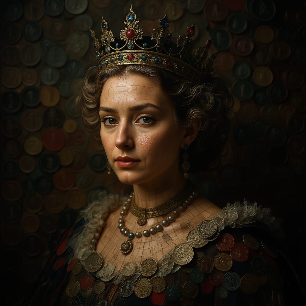 Regal Queen Portrait Made of Global Coins