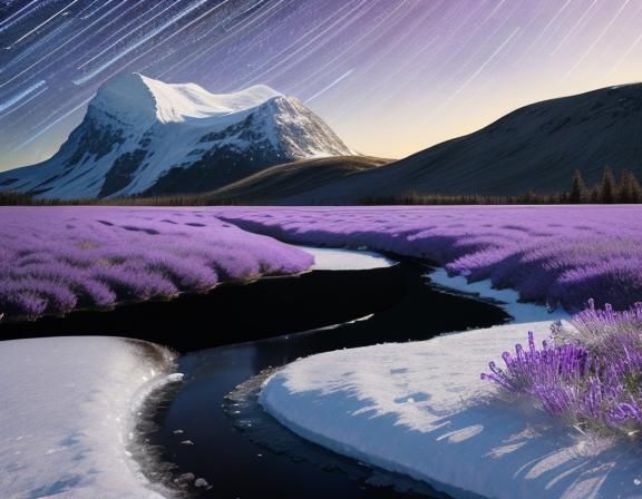 Star Trails Over Lavender Field in Frozen Tundra