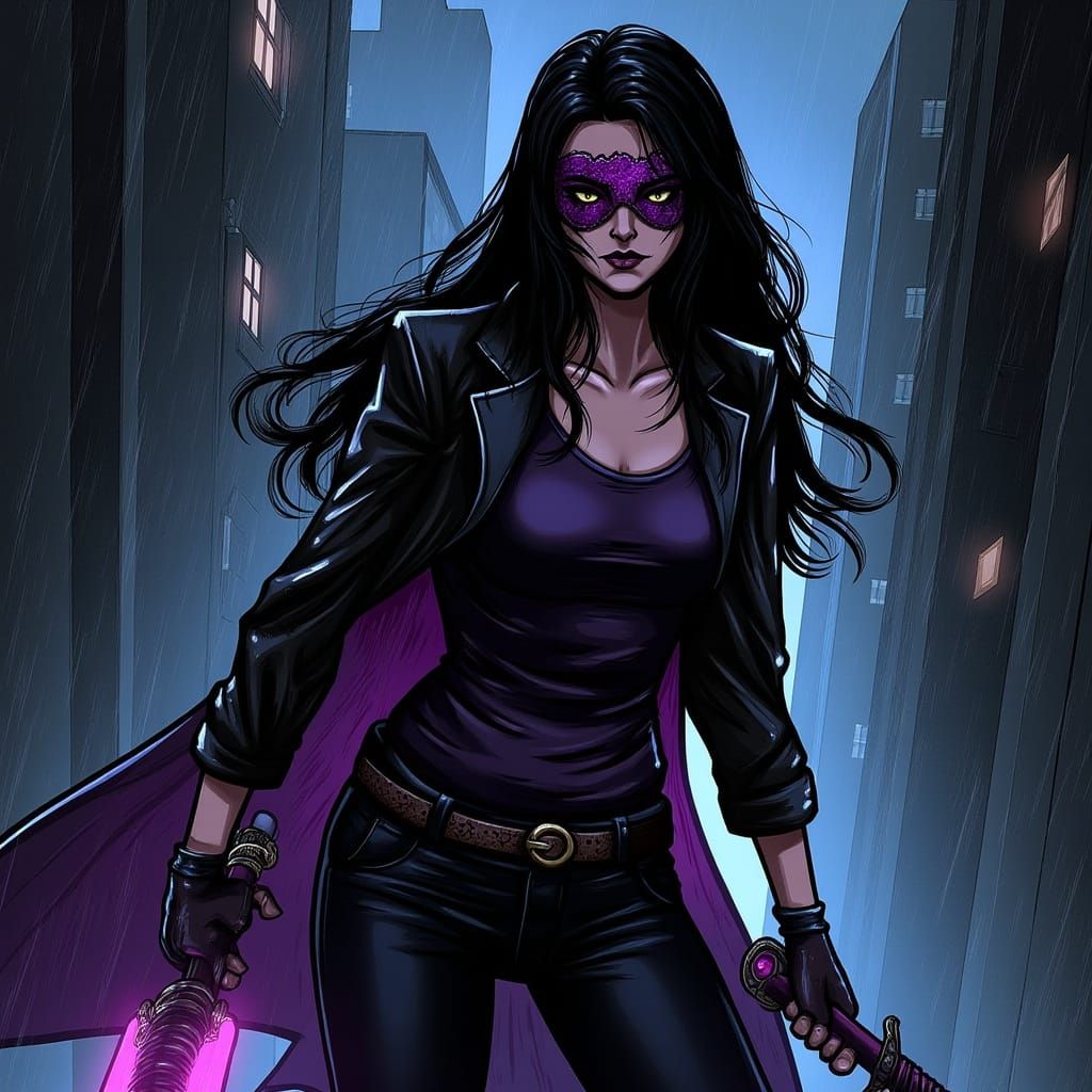 Heroic Fantasy Noir Goddess Prowls the Rain-Soaked City Stre...
