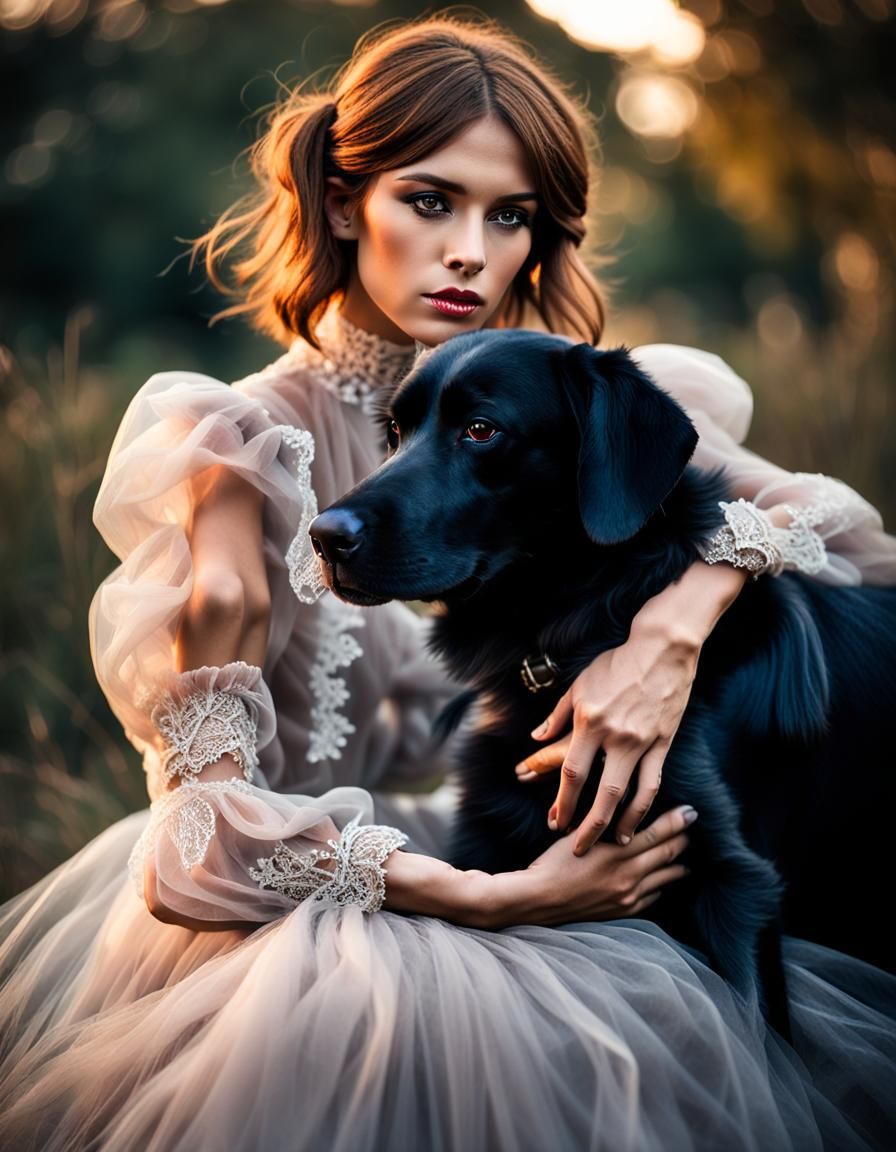 Woman with Chestnut Hair in Sheer Blouse and Lace Skirt