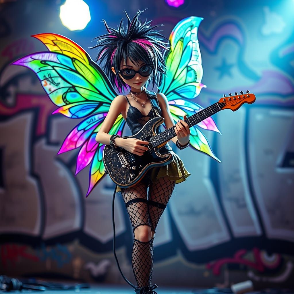 Punk Rock Fairy Plays Guitar in Graffiti Scene