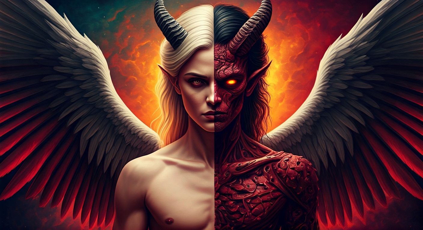 Mystical Angel-Demon Being with Vibrant Surreal Background