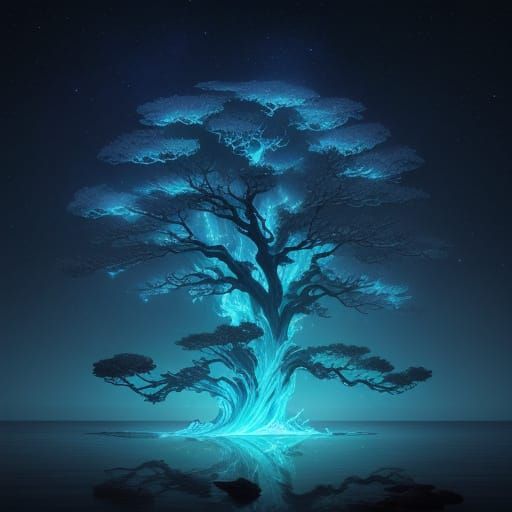 Ancient Floating Tree Amidst Nebula with Crystal Roots