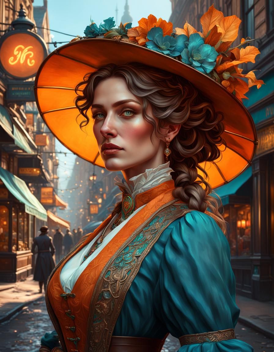 Hyperrealistic Victorian Shopgirl in Art Nouveau Style