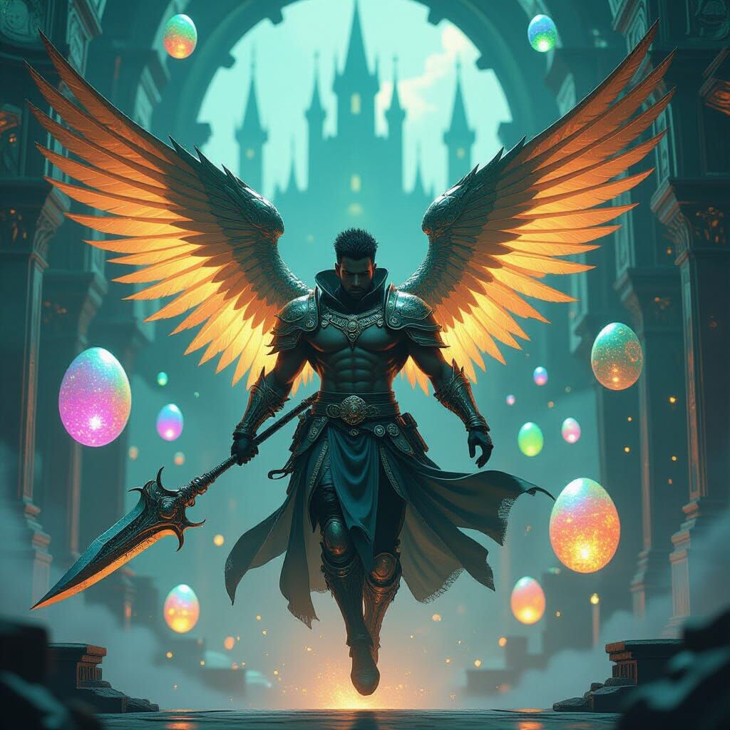 Winged Warrior Soaring Through Biomechanical Castle