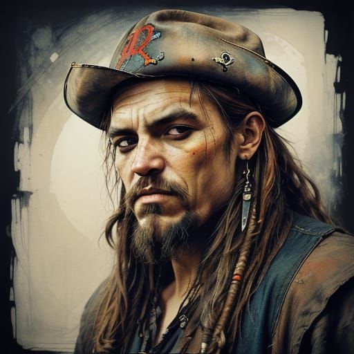 Rugged Pirate in Color Pencil Sketch Style