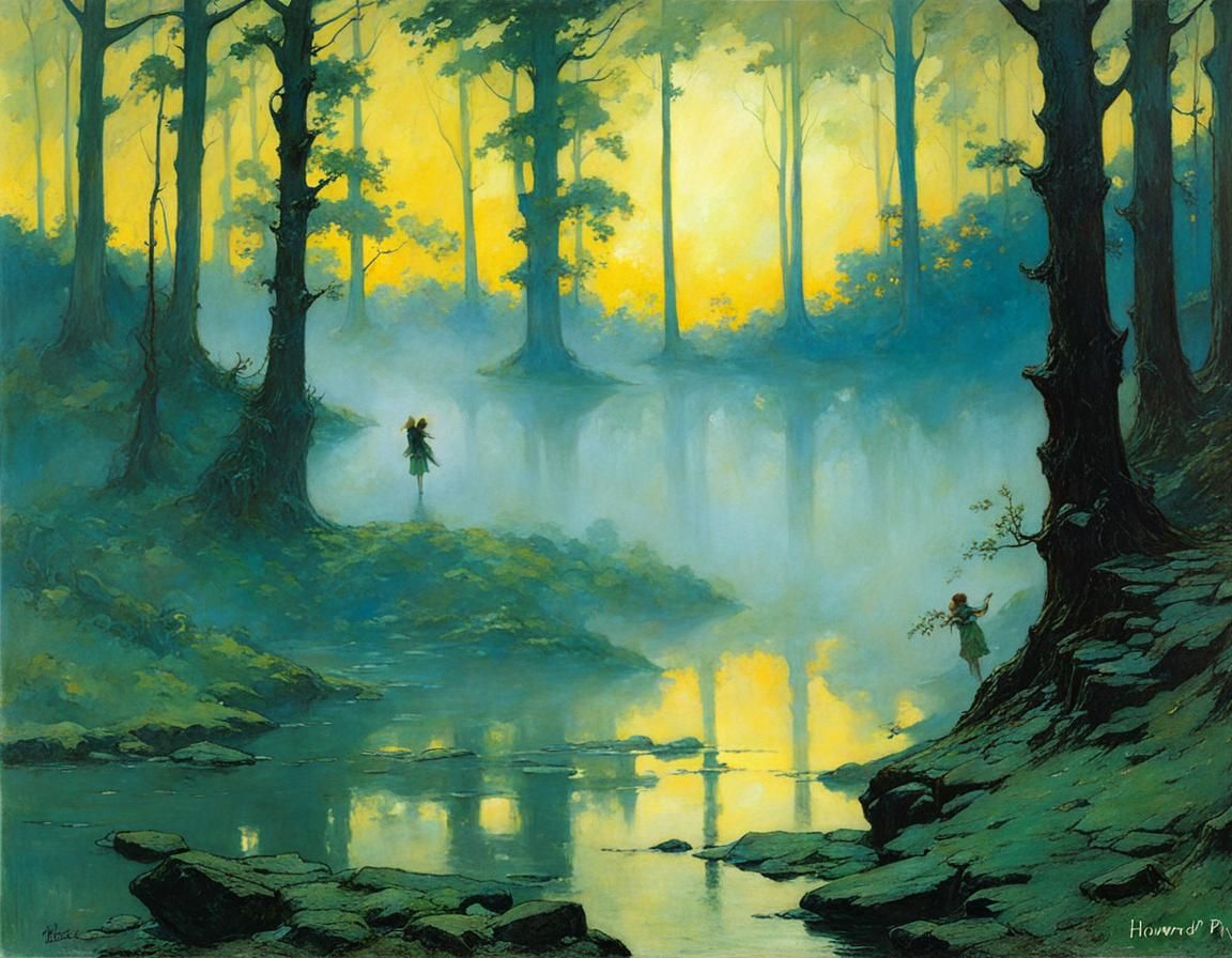 Fairies Dancing in Misty Forest, Golden Age Illustration