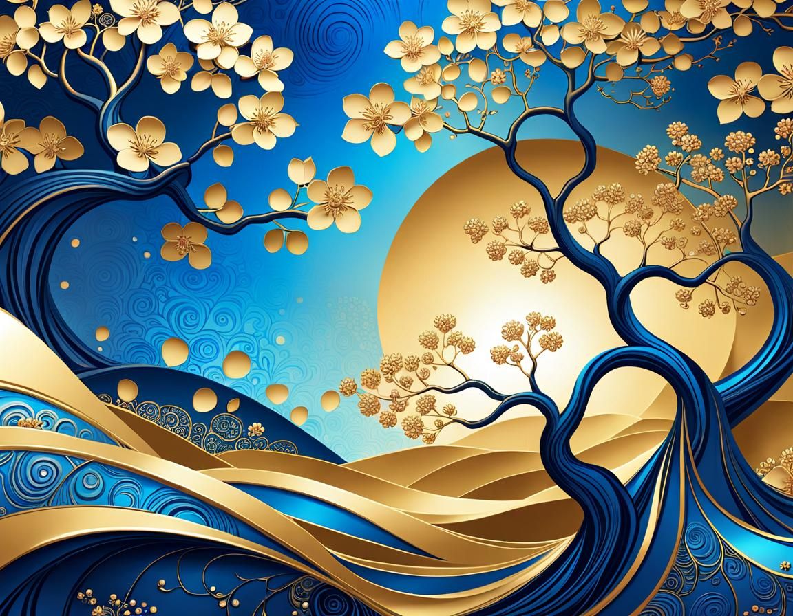 Metallic Gold and Blue Cherry Blossoms in Art Brut Style