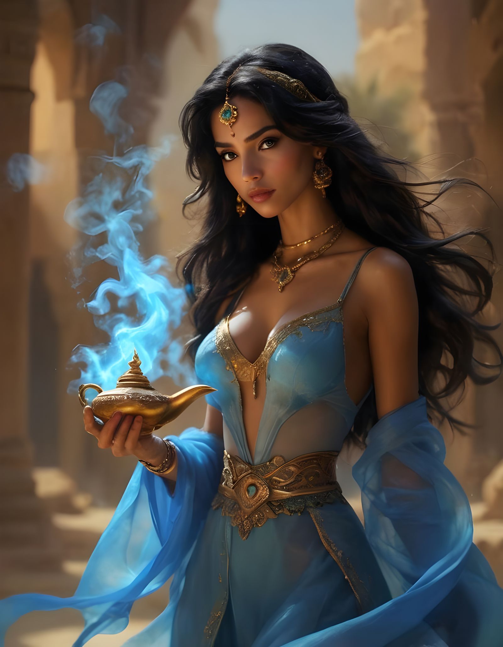 Jasmine in Agrabah with Genie Lamp, Hyperrealistic Concept A...