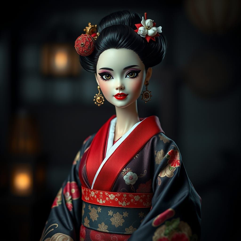 Hyperrealistic Japanese Barbie in Traditional Kimono