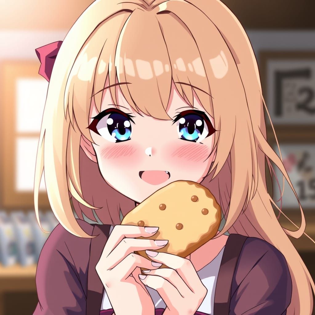 Anime Woman Holding Biscuit, Happy Expression