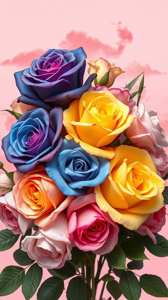 Velvety Blue Roses in a Pastel Pink Bouquet