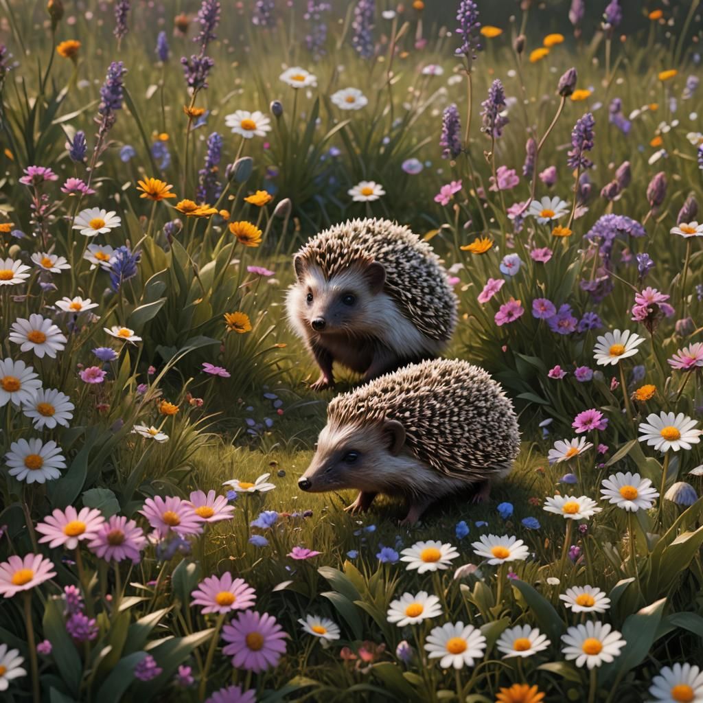 Hedgehog in Flower Meadow: Detailed Matte Painting