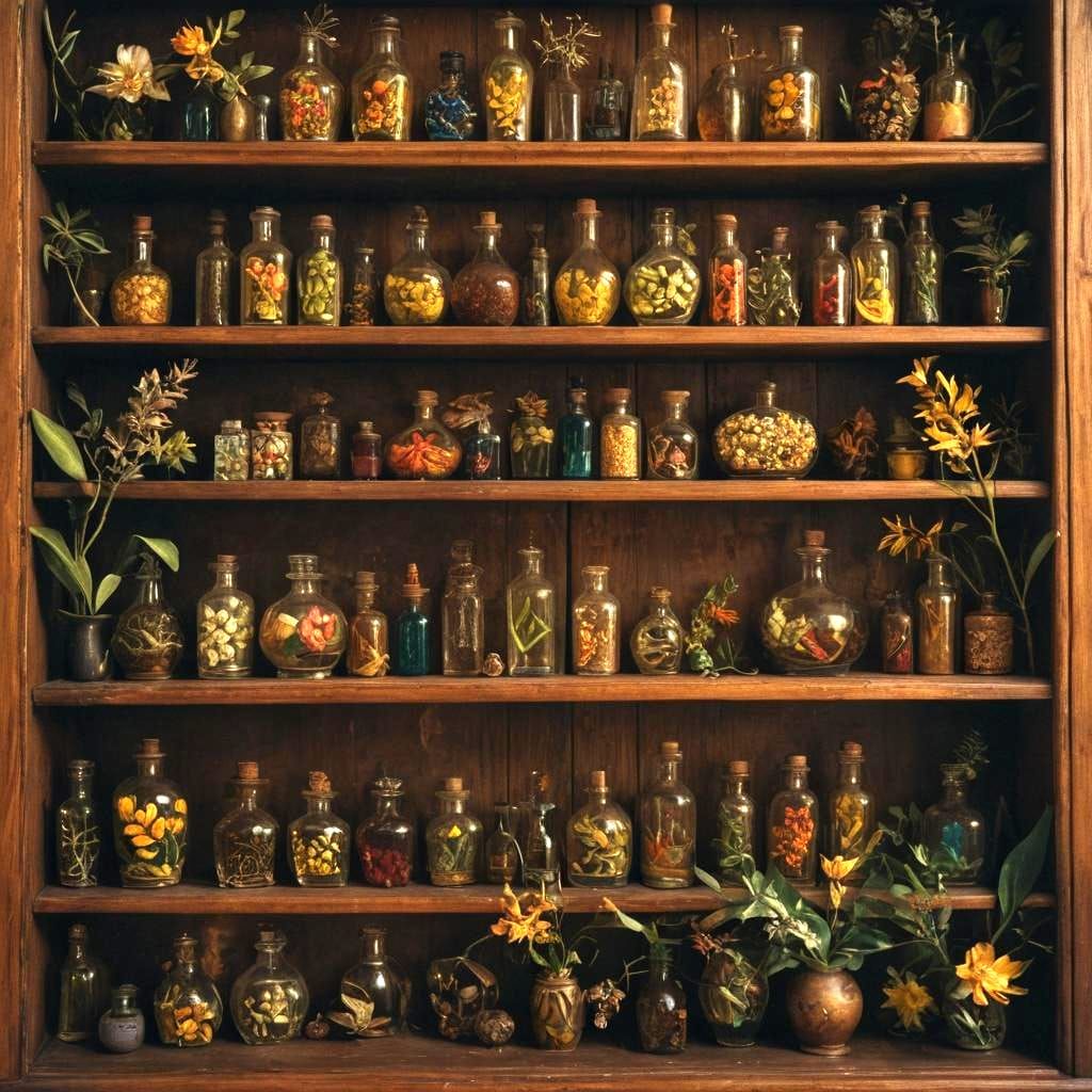Vintage Cabinet of Curiosities with Botanicals