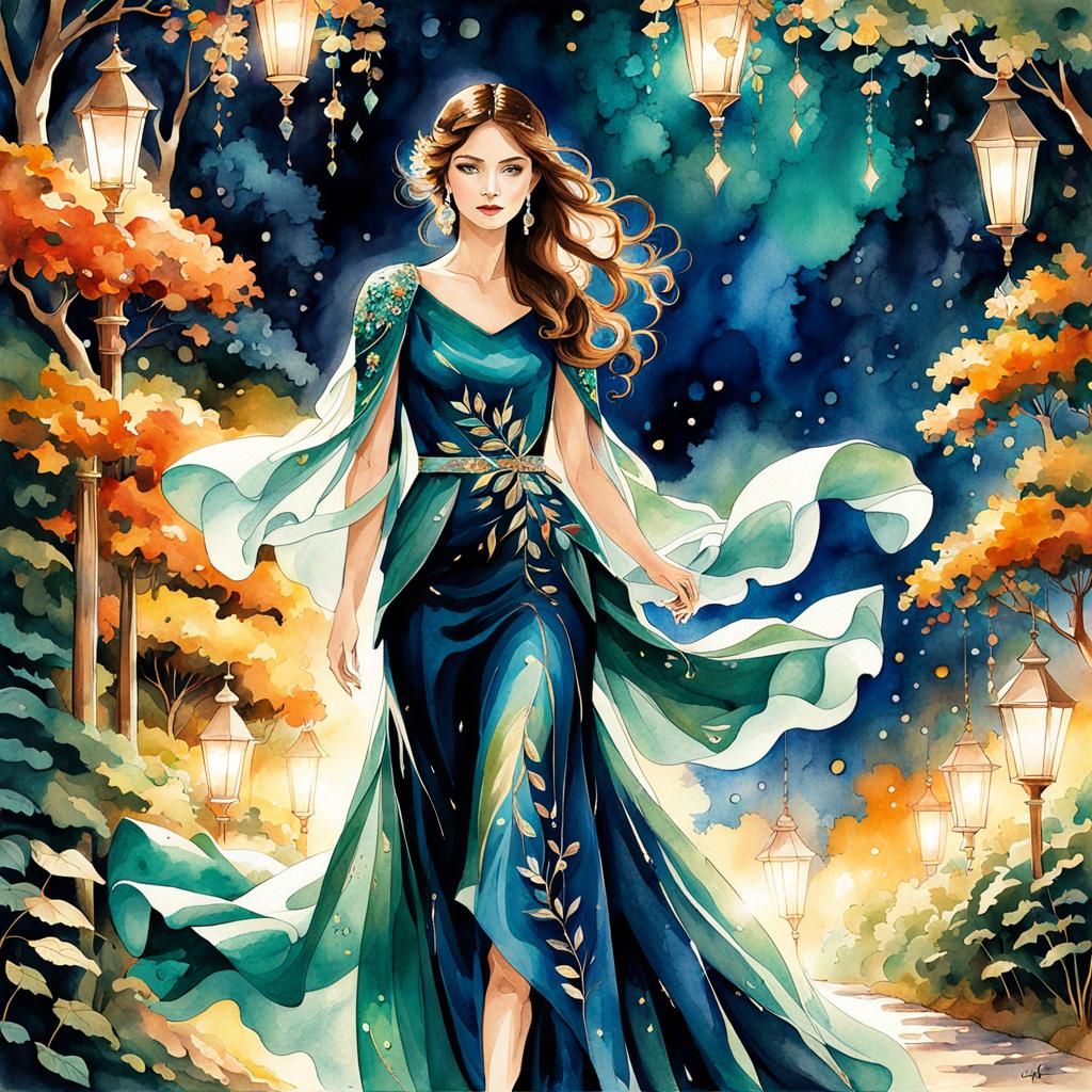 Woman in Emerald and Sapphire Gown, Watercolor Style