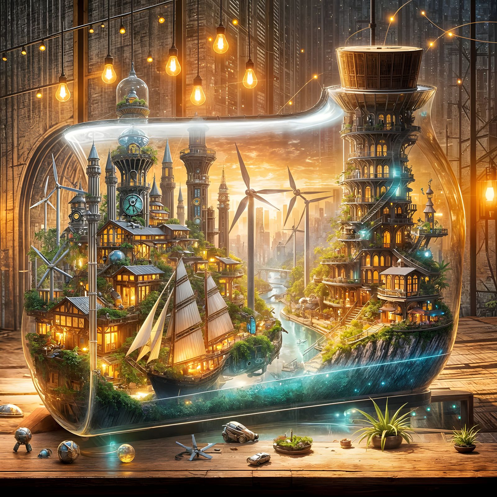 Surreal Solarpunk City in a Glass Bottle