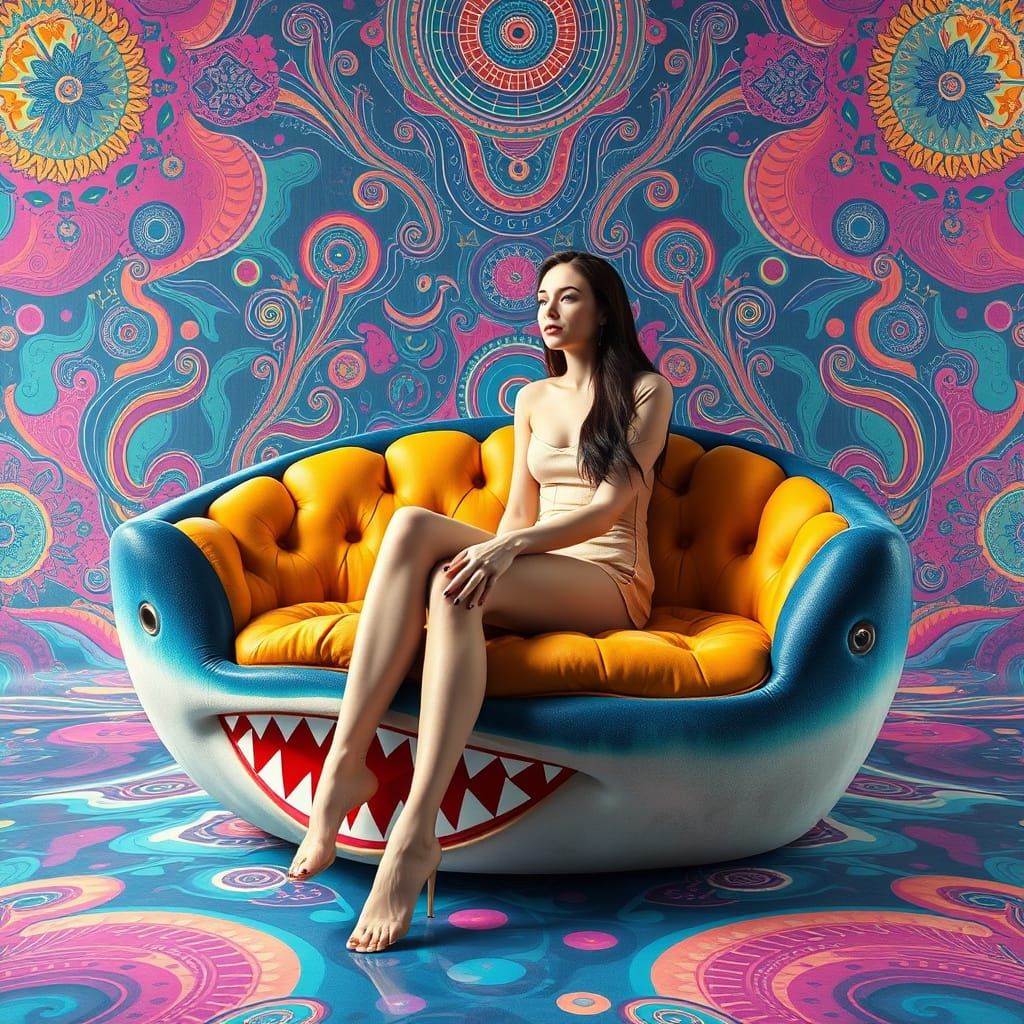 Dreamlike Shark Mouth Sofa in Vibrant Futuristic Patterns