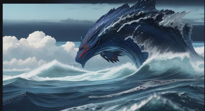 Surreal Ocean Art: Sparkling Silver and Red Waves