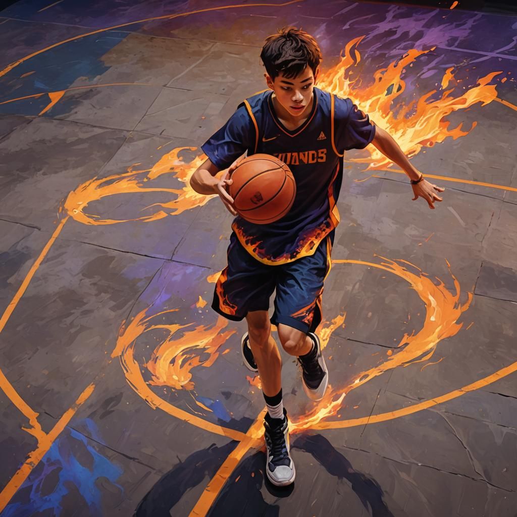 Boy Shoots Flaming Basketball: Fantasy Concept Art