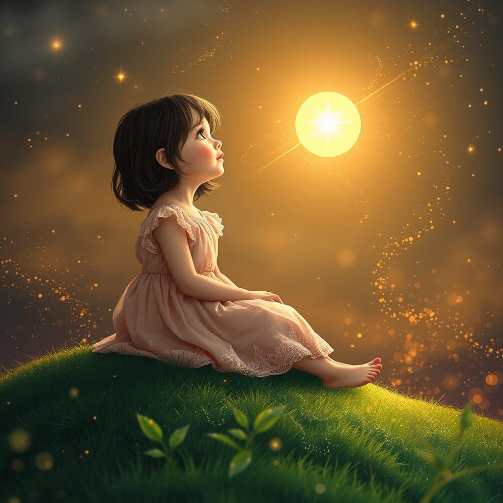 Whimsical Girl Seeks Wonder in Starry Night