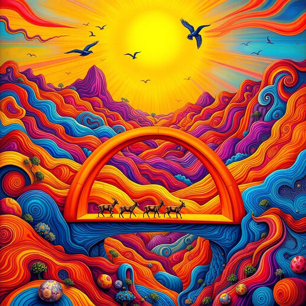 Stylized, Surreal Landscape with Vibrant Bridge