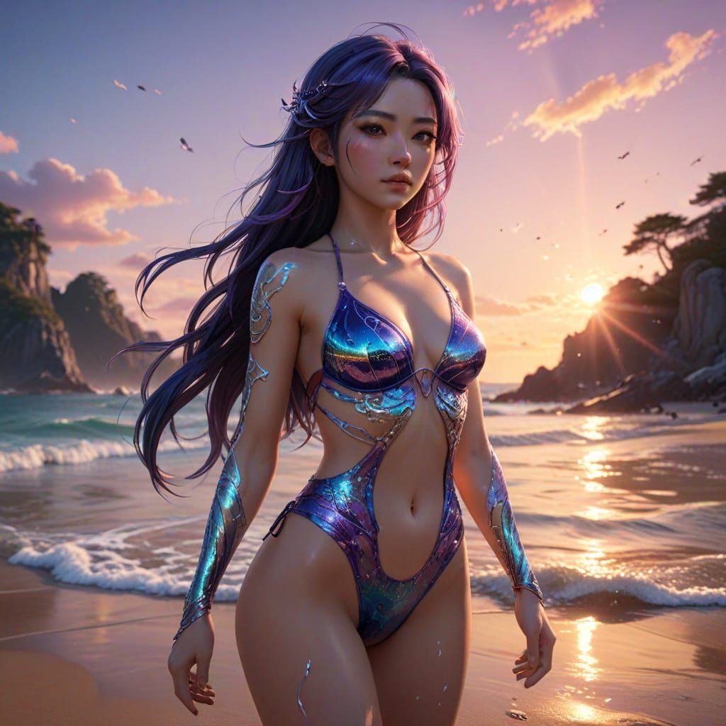 Anime Goddess Radiates Beauty on Iridescent Beach