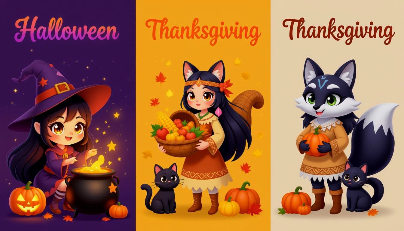 Anime Triptych: Halloween, Thanksgiving, Christmas Kitsune C...