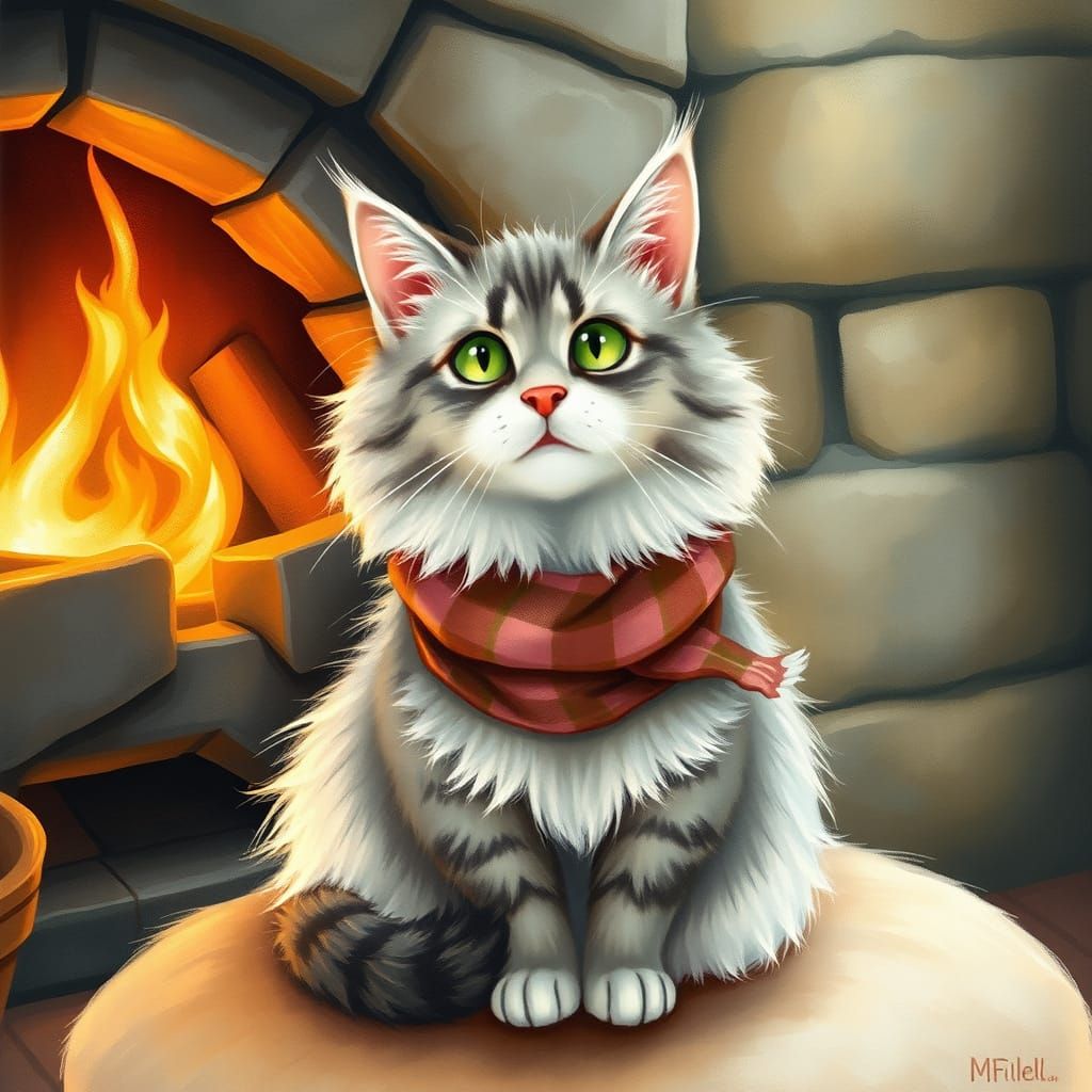 Cozy Cat by a Warm Fireplace