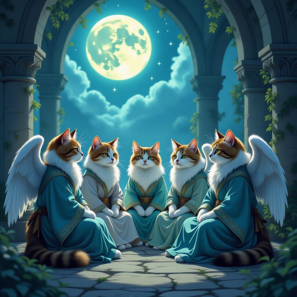 Winged Cats in Moonlit Cloister, Dreamlike Digital Art
