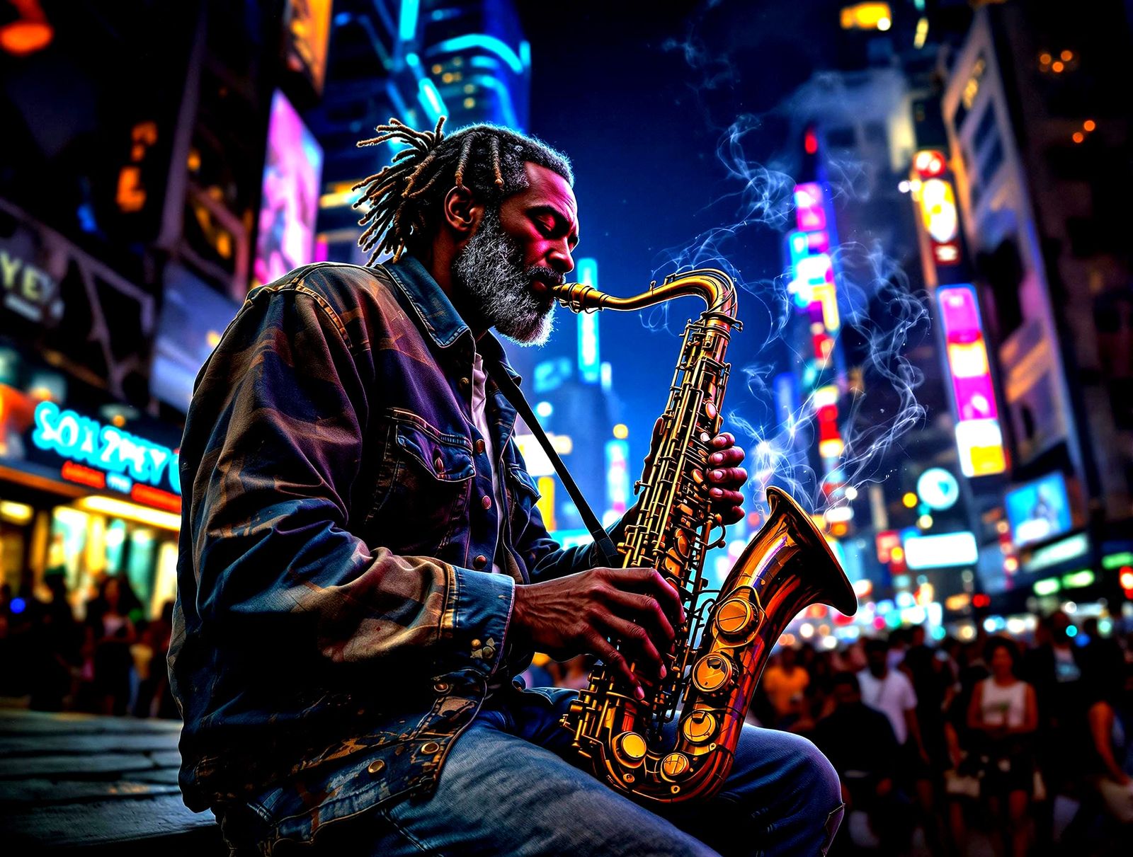 Hyperrealistic Street Musician Plays Saxophone in Dystopian....