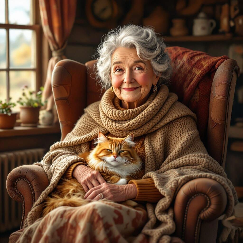 Elderly Woman and Cat in Cozy Cottage Storybook Illustration