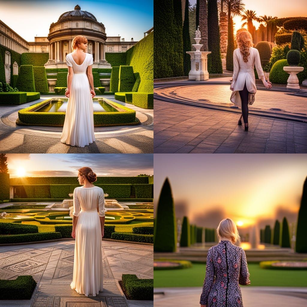 Italian Woman in Formal Garden at Sunset
