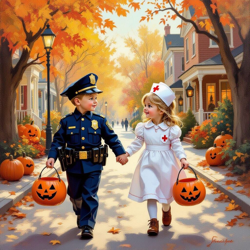 Children in Halloween Costumes, Impressionistic Oil Painting