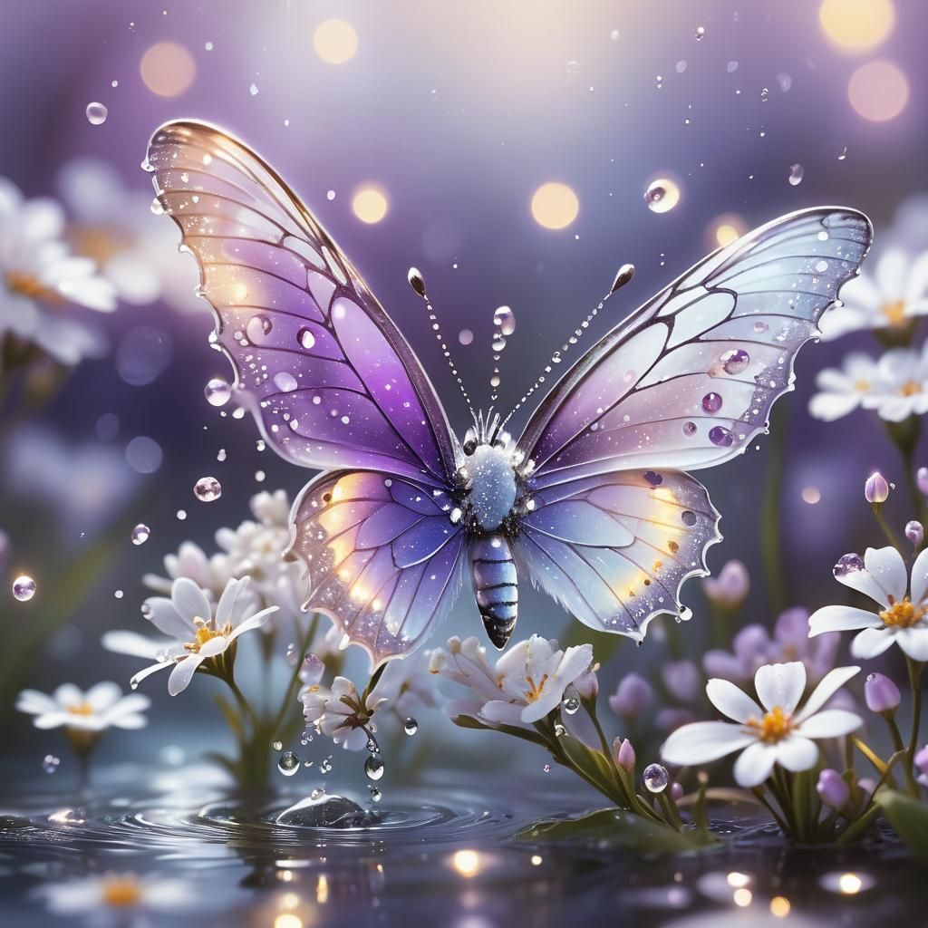Glowing Butterfly and Dewdrops in Ethereal Light