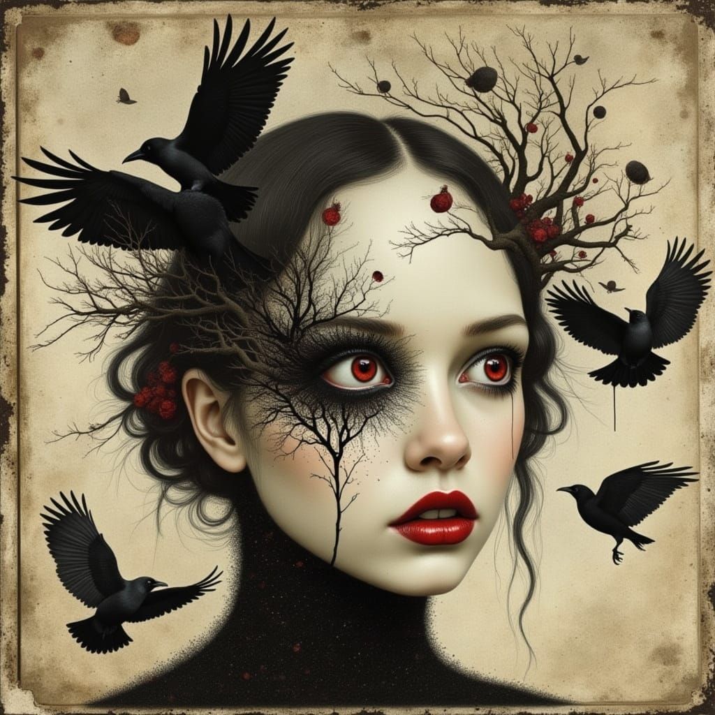 Gothic Portrait of Woman with Ravens and Red Eyes