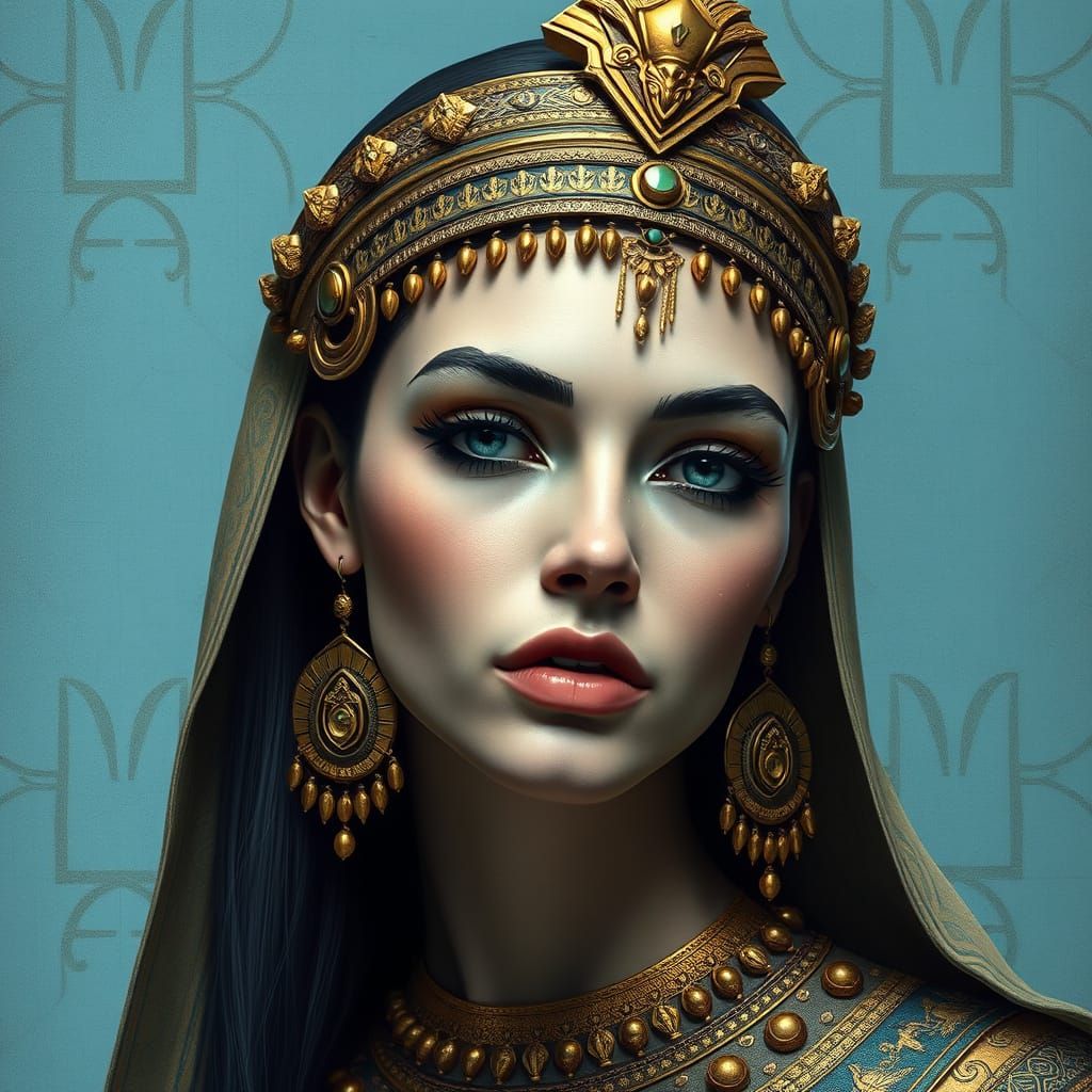 abstract acrylic painting, muted color: Egyptian Queen, intricate jewelry, pale blue textured background with geometric ...