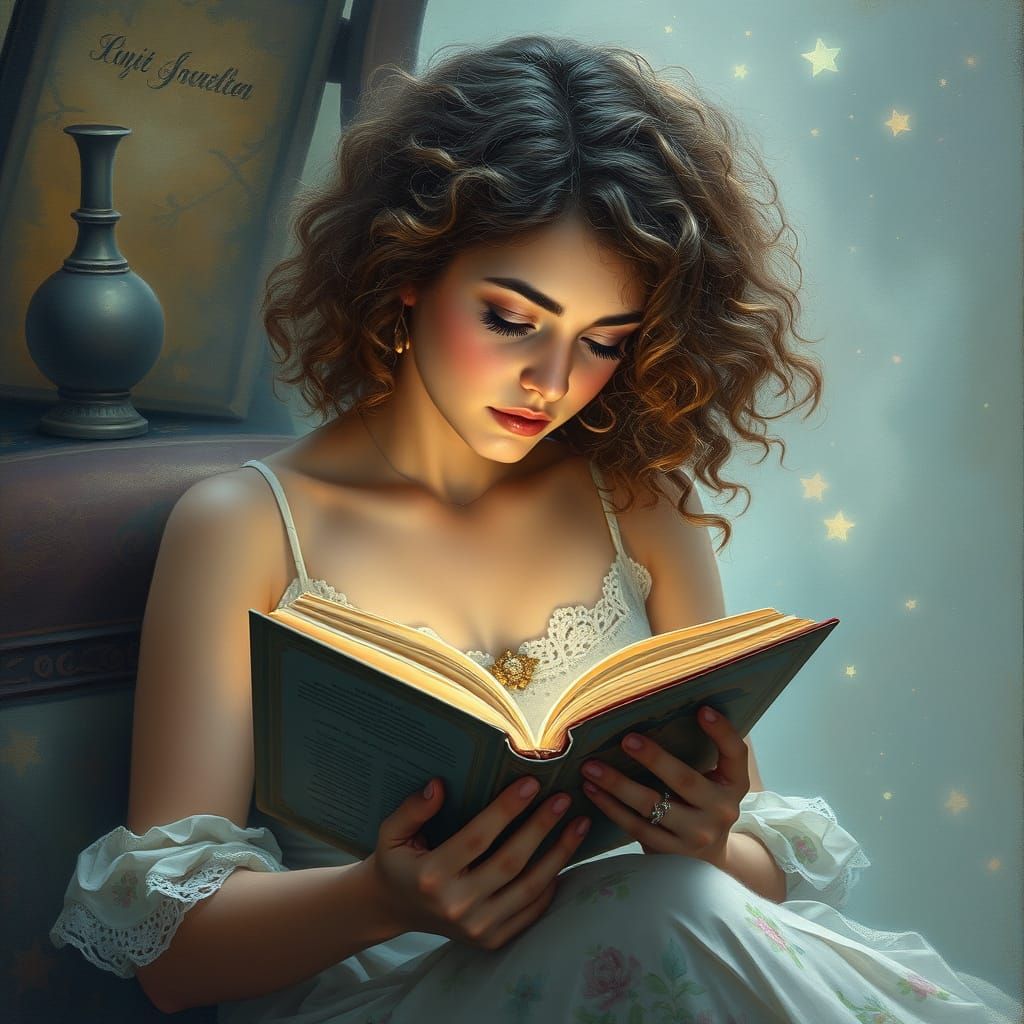 Ethereal Curly-Haired Woman Reads in Enchanted Landscape