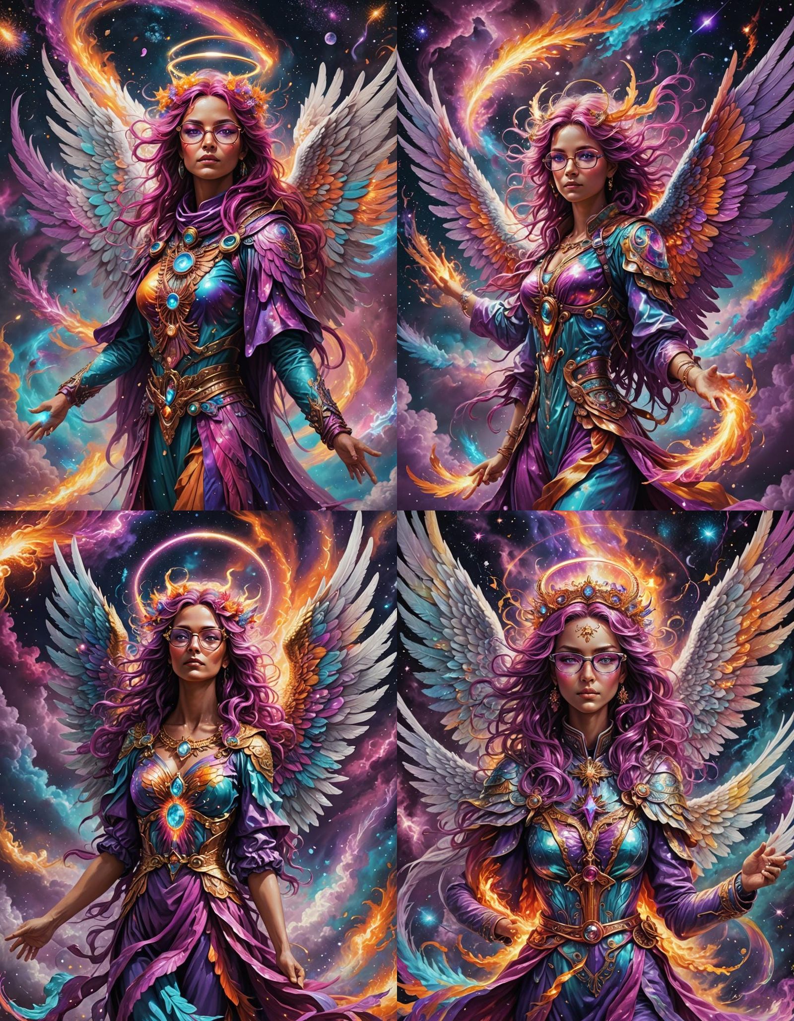 Fiery Alchemist Angel Soaring Through Cosmic Storm