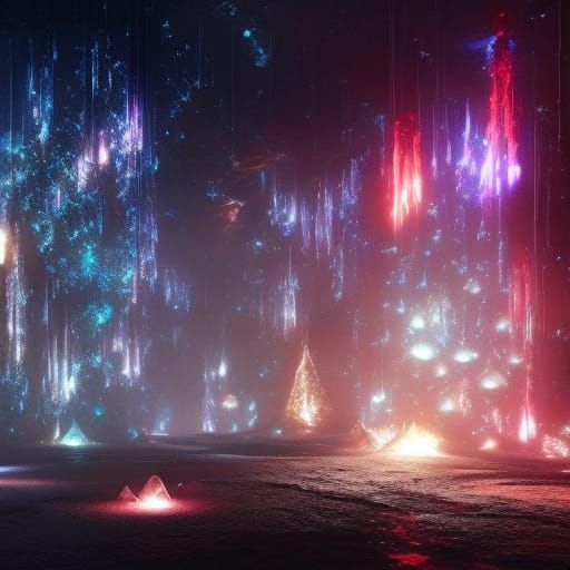 Neon Crystals in Glass Box: Digital Art