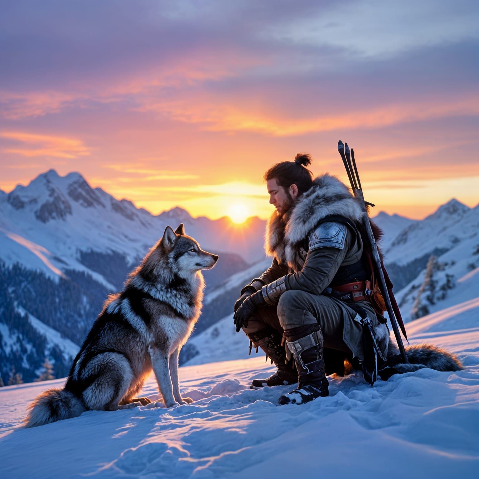 Warrior and Wolf Bonding on Snowy Mountain at Sunset