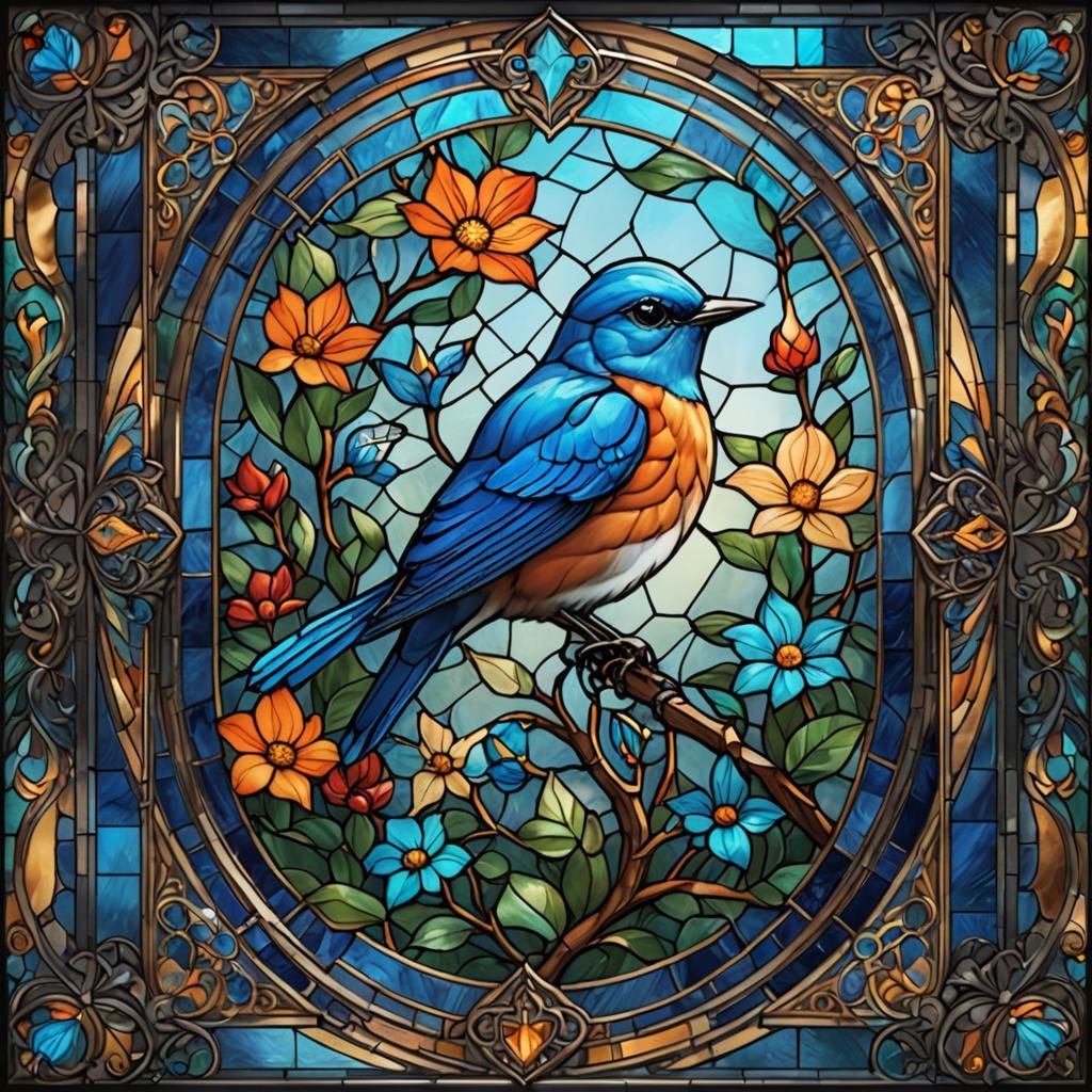 Bluebird in Stained Glass Style Digital Art
