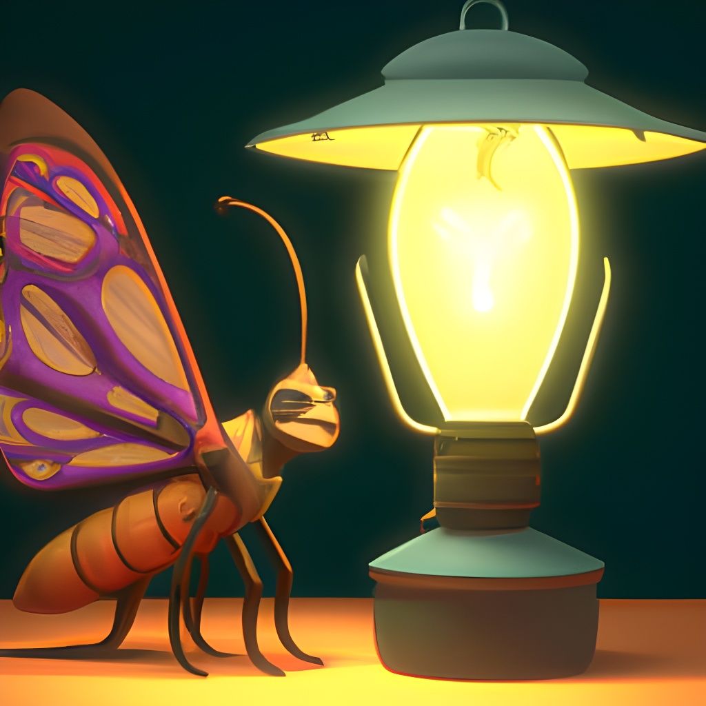 Moth and Firefly Drawn to Lamp: 3D Digital Art