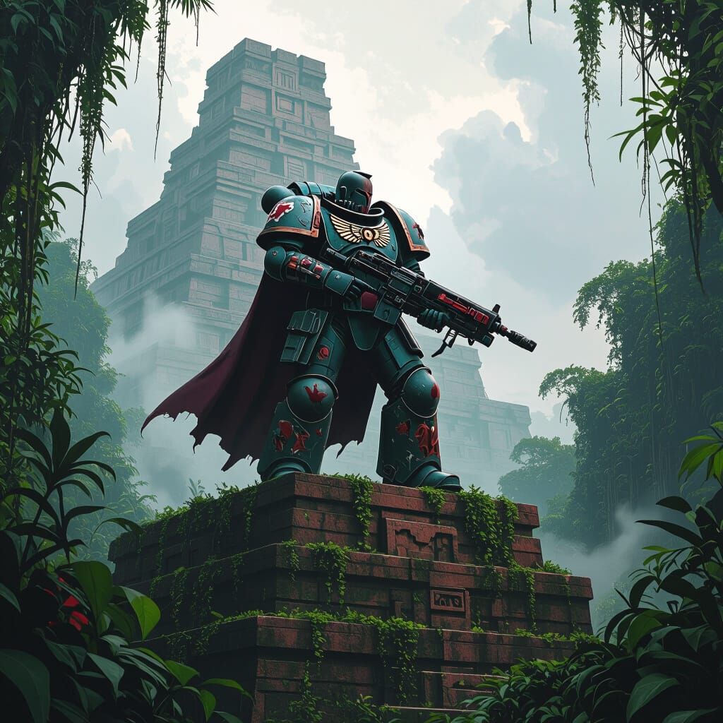 Warhammer 40K Space Marine Guarding Jungle Ziggurat