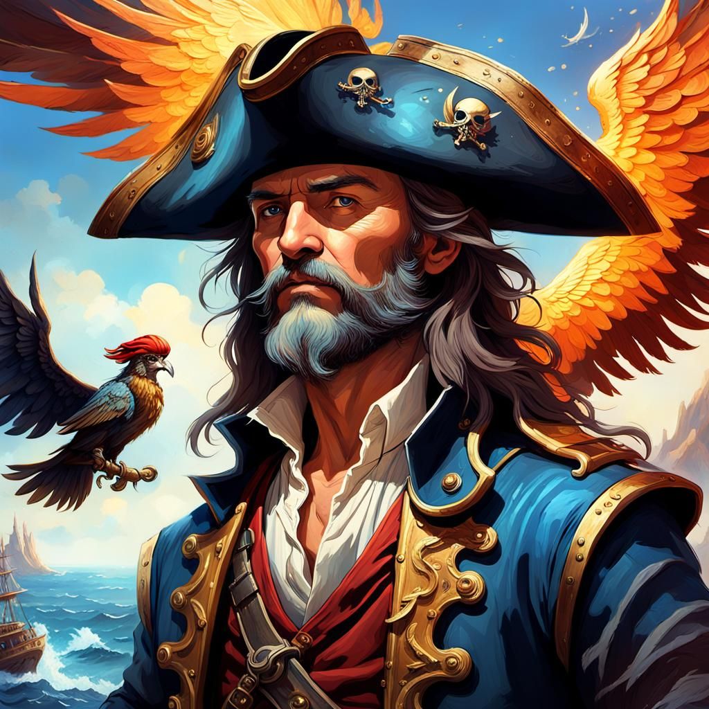 Horned Pirate with Phoenix Wings in Fantasy Style