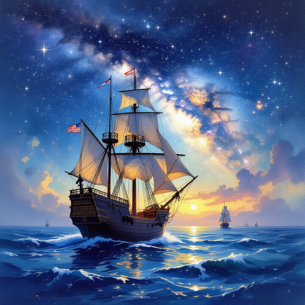 Galleon Sailing Under Galaxy in Watercolor Style