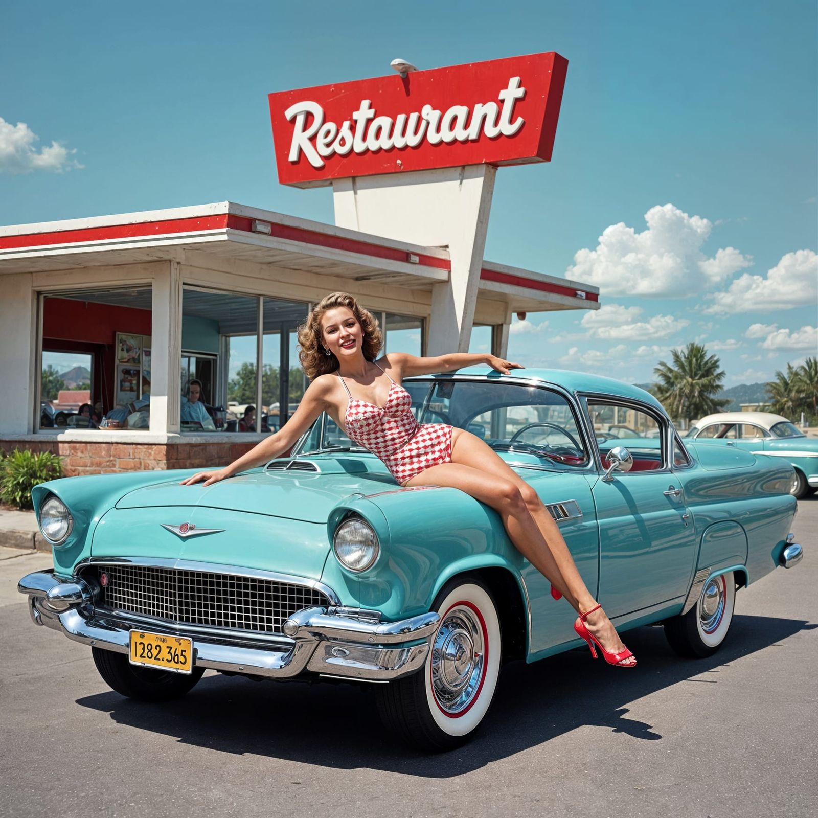 1950s Car and Woman at Diner