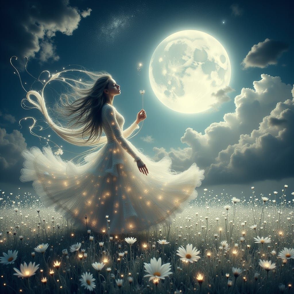 Woman in Daisy Field Gazing at Moon, Digital Matte Painting