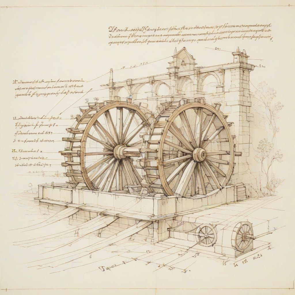 Ancient Waterwheel Diagrams in Renaissance Style
