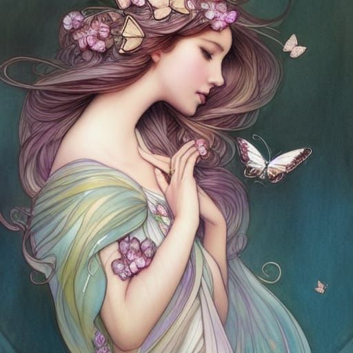 Ethereal Fairy with Butterfly Friends in Art Nouveau Style